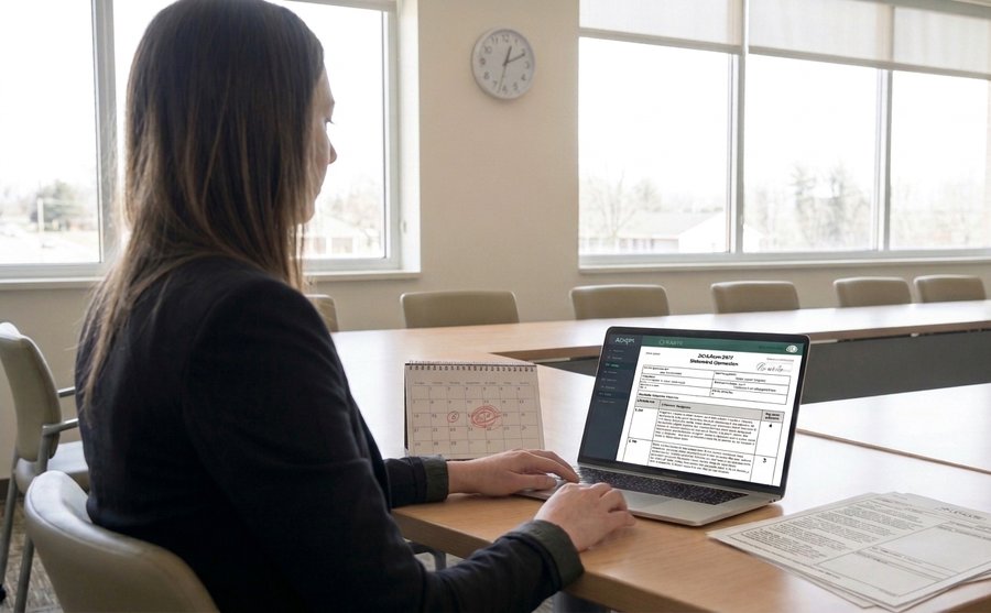 Nurse administrator at a conference table drafting a Plan of Correction beside the CMS-2567 paperwork